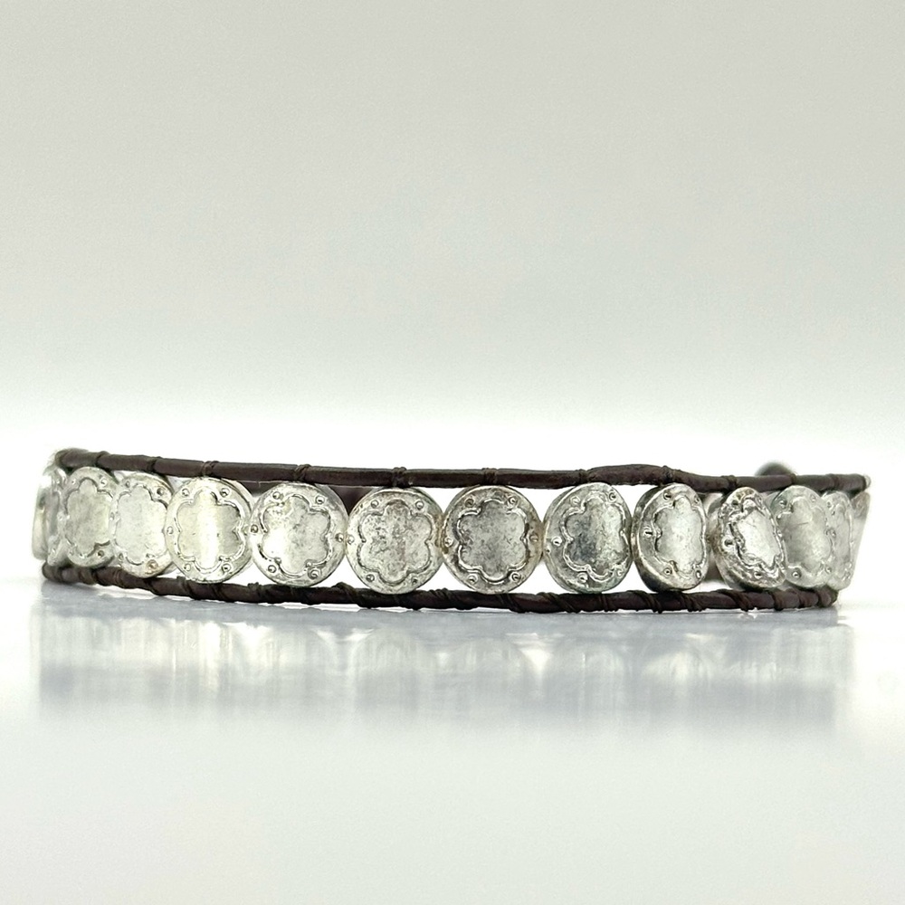 Brown Leather Cord Bracelet w/ Hammered Silvertone Discs